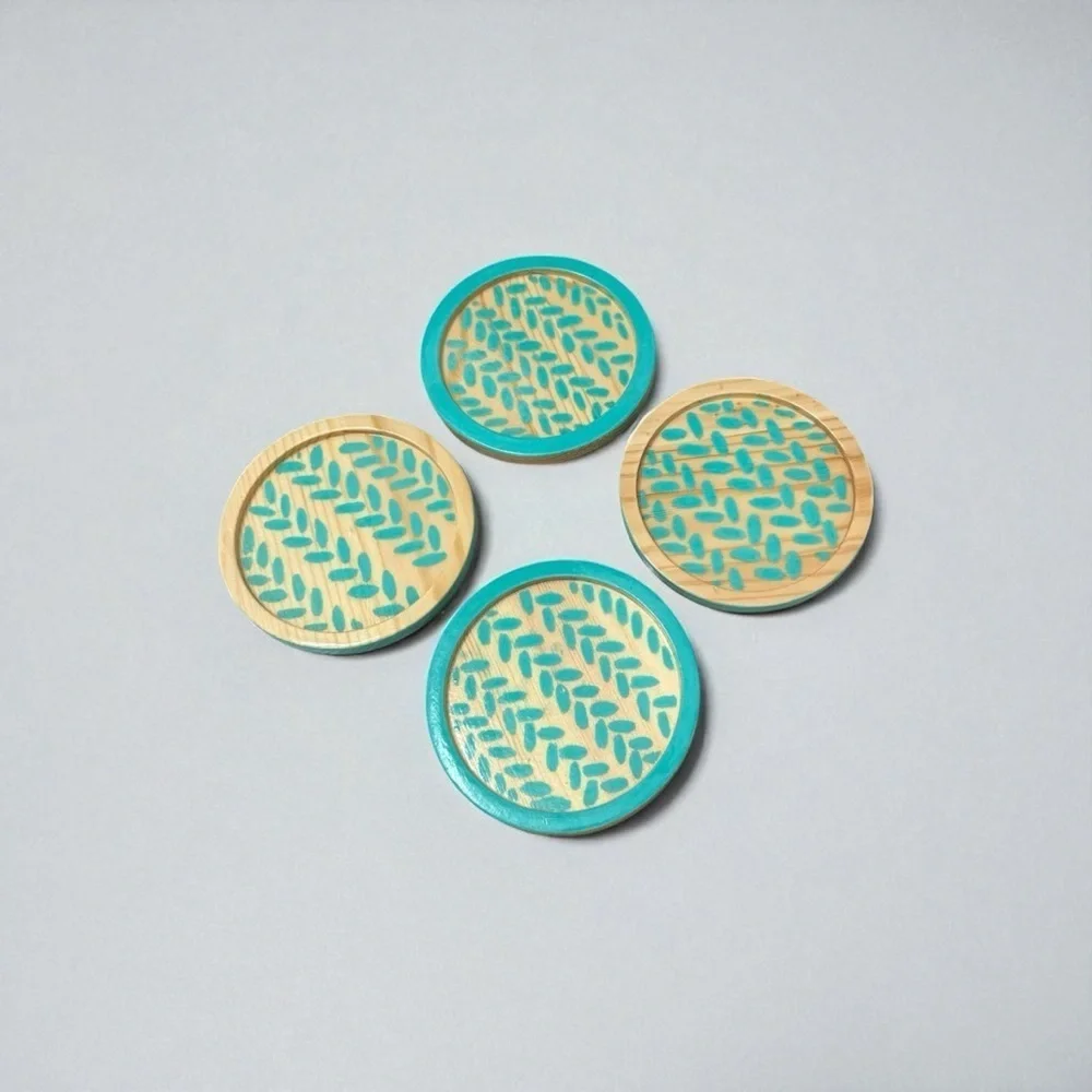 4 Handmade Wooden Blue Patterned Drink Coasters